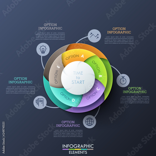 Circular chart divided into 5 lettered spiral pieces connected with thin line symbols and text boxes. Visualization of cyclic process with five steps. Infographic design layout. Vector illustration.