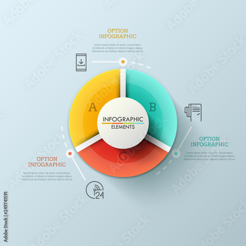 Round pie chart divided into 3 multicolored sectors, thin line pictograms and text boxes. Statistical data visualization concept. Futuristic infographic design template. Vector illustration.