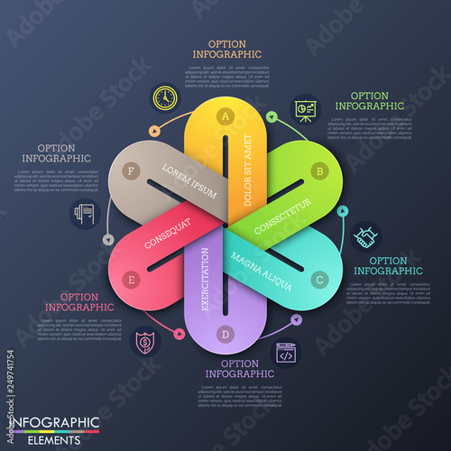 Unique infographic design template with 6 lettered elements connected together into round diagram, thin line pictograms and text boxes. Six stages of production cycle concept. Vector illustration.