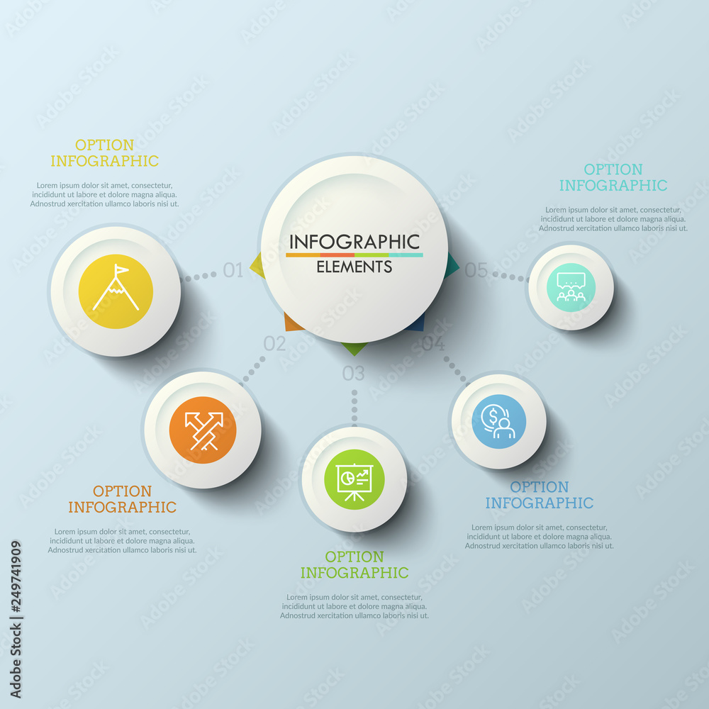 Flow chart, central round element connected with 5 numbered options by dotted lines. Five features of company's services concept. Modern infographic design layout. Vector illustration for brochure. Flow chart, central round element connected with 5 numbered options by dotted lines. Five features of company's services concept. Modern infographic design layout. Vector illustration for brochure.