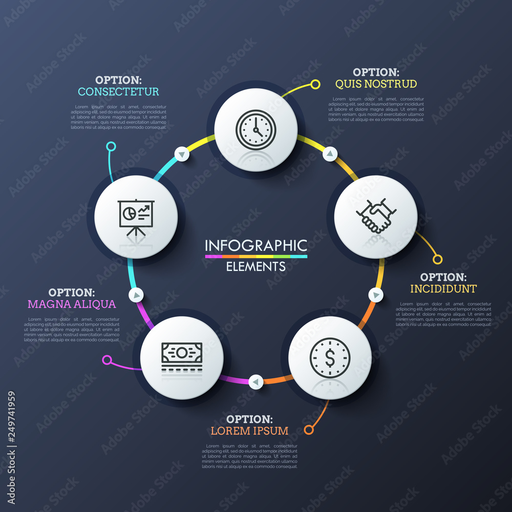 Round flowchart with 5 white circular elements connected by multicolored lines and play buttons. Unique infographic design template. Successive steps of deal making concept. Vector illustration. Round flowchart with 5 white circular elements connected by multicolored lines and play buttons. Unique infographic design template. Successive steps of deal making concept. Vector illustration.