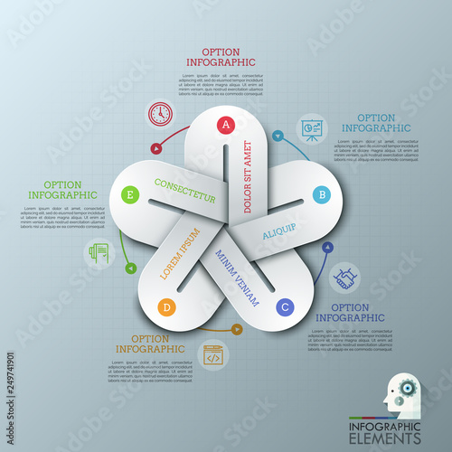 Unusual infographic design layout. 5 colorful elements with gaps connected together, thin line symbols and text boxes. Visualization of cyclic process with five steps. Vector illustration.