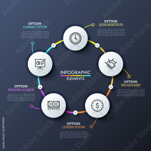 Round flowchart with 5 white circular elements connected by multicolored lines and play buttons. Unique infographic design template. Successive steps of deal making concept. Vector illustration.