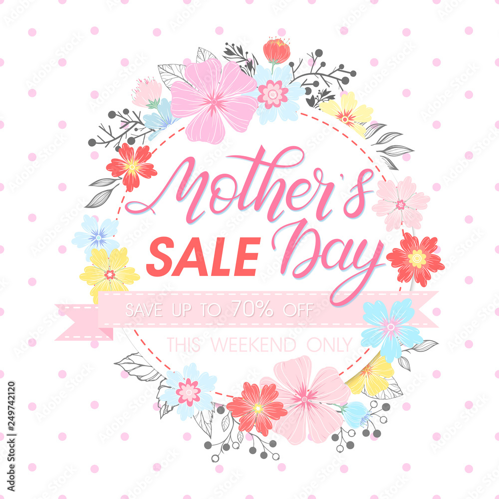 Mothers Day special offer.Mothers Day - Hand painted lettering with floral elements,leaves and flowers. Mothers Day sale banner perfect for prints,flyers,cards,promos,holiday invitations and more.