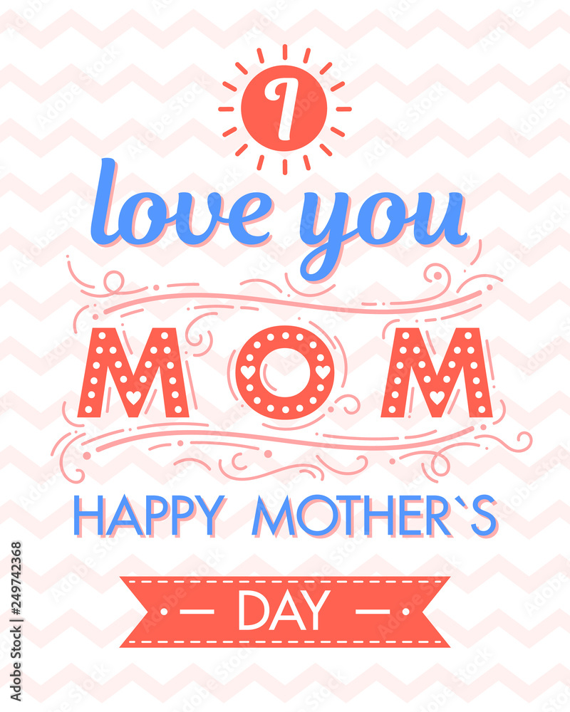Happy Mothers Day typography with zig zag background,ribbon and hearts.Seasons greetings card perfect for prints,banners,invitations,special offer and more.Vector Mothers Day card. Happy Mothers Day typography with zig zag background,ribbon and hearts.Seasons greetings card perfect for prints,banners,invitations,special offer and more.Vector Mothers Day card.