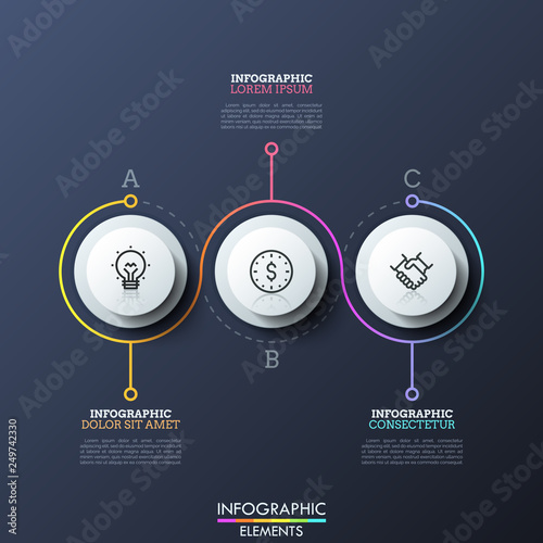 Three round elements with linear symbols inside, colored line going around them and text boxes. Infographic design template. Concept of 3 interdependent steps of business process. Vector illustration.