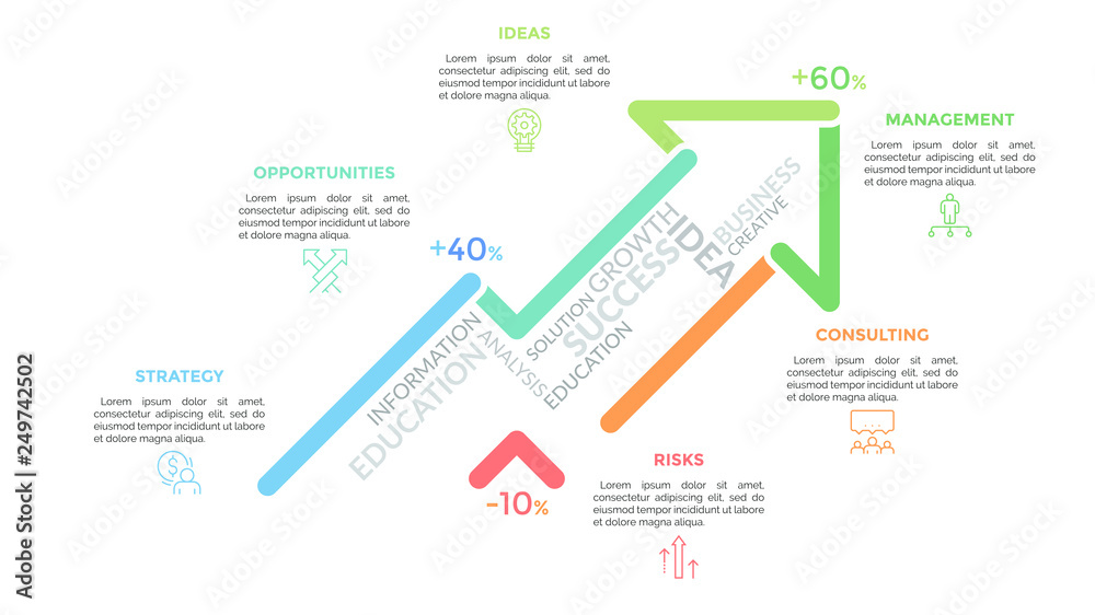 Upward graph consisted of bright colored lines and surrounded by linear symbols and text boxes. Concept of progressive business development. Modern infographic design template. Vector illustration. Upward graph consisted of bright colored lines and surrounded by linear symbols and text boxes. Concept of progressive business development. Modern infographic design template. Vector illustration.
