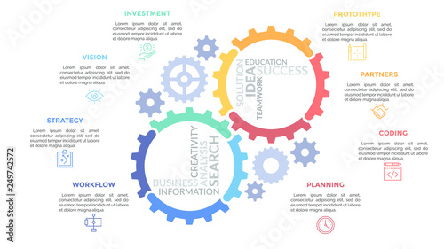 Gear wheels consisted of multicolored parts and surrounded by thin line pictograms and text boxes. Concept of mechanical process organization. Simple infographic design template. Vector illustration.