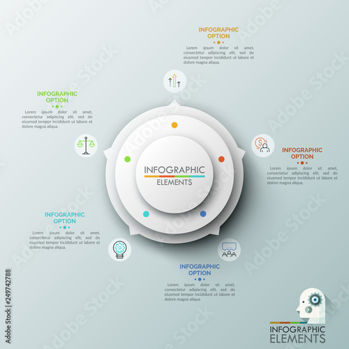 White round diagram with 5 arrows pointing at thin line icons and text boxes. Concept of choice between five options. Modern infographic design template. Vector illustration for presentation, website.