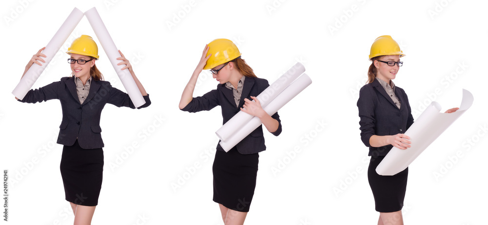 Female architect with blueprint isolated in white Female architect with blueprint isolated in white