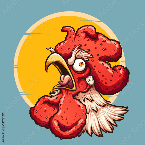 Angry crowing rooster with sun in the background. Vector clip art illustration with simple gradients. Some elements on separate layers.