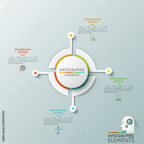 Paper white circular diagram divided into 4 equal parts connected with thin line icons and text boxes. Visualization of cyclical business process with four steps. Vector illustration for brochure.