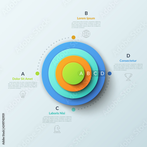 Circular chart with four round elements placed one inside other, thin line symbols and lettered text boxes. Concept of 4 features of business process. Infographic design layout. Vector illustration.