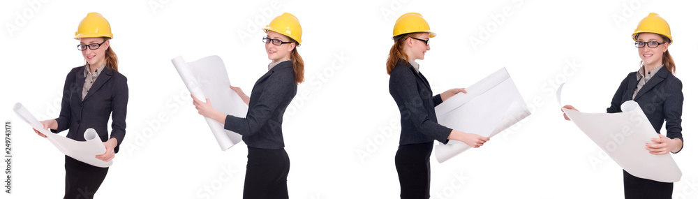 Female architect with blueprint isolated in white Female architect with blueprint isolated in white