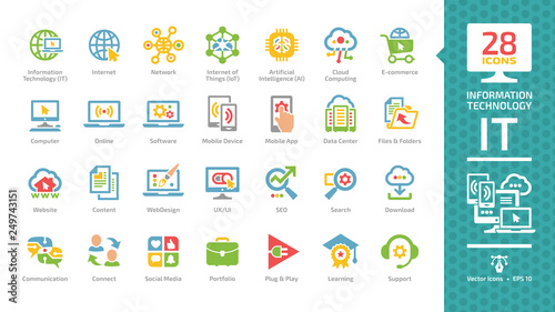 Information technology color glyph icon set with IT network communication system, computer tech, data center, web internet service, social media, portfolio, plug & play, learning and support pictogram