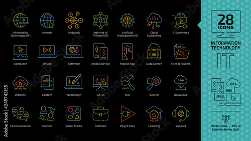 Information technology color editable stroke outline icon set on a black background with IT network communication computer tech system, internet of things, e-commerce, website and more info symbols.