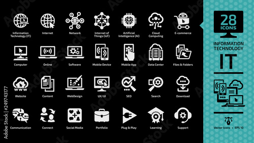 Information technology glyph icon set on a black background with IT network system, internet of things, artificial intelligence, cloud computing, e-commerce, computer tech and communication symbols.