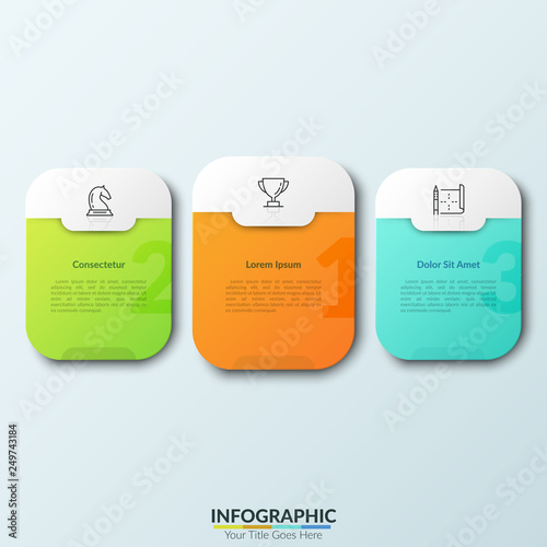 Three separate colorful rounded rectangles with numbers, thin line pictograms and text boxes inside.Concept of 3 places for competition winners. Modern infographic design template. Vector illustration