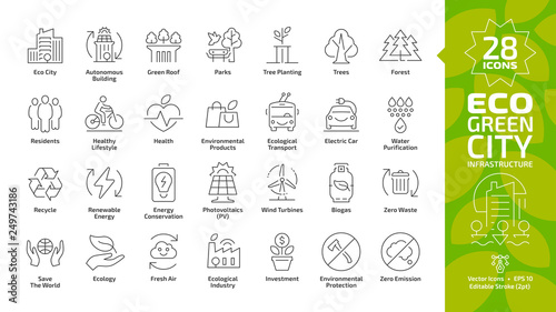Eco green city editable stroke line icon set with environment ecology town infrastructure, renewable solar and wind electric energy, recycle technology, urban tree save, global friendly outline sign.
