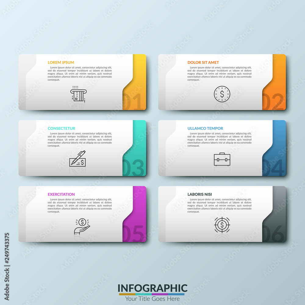 Six white separate rectangular elements with numbers, thin line symbols and place for text inside. Concept of 6 business options to choose. Futuristic Infographic design template. Vector illustration.