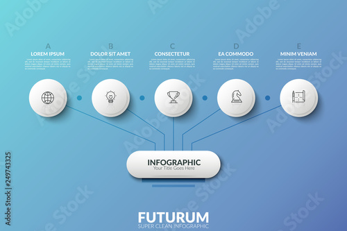 Tree diagram. Main element connected with 5 thin line icons placed inside paper white circles and lettered text boxes. Hierarchy representation. Modern infographic design layout. Vector illustration.