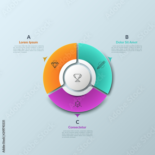 Circular chart divided into 3 sectors and round element in center, thin line icons and arrows. Three features of successful business development. Infographic design template. Vector illustration.