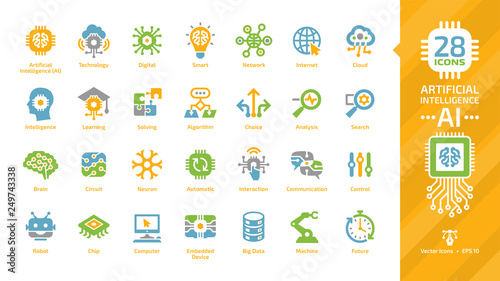 Vector artificial intelligence color icon set with machine learning, smart robotic tech and computer network digital AI technology: internet, cloud, solving, algorithm, choice, analysis colorful sign.