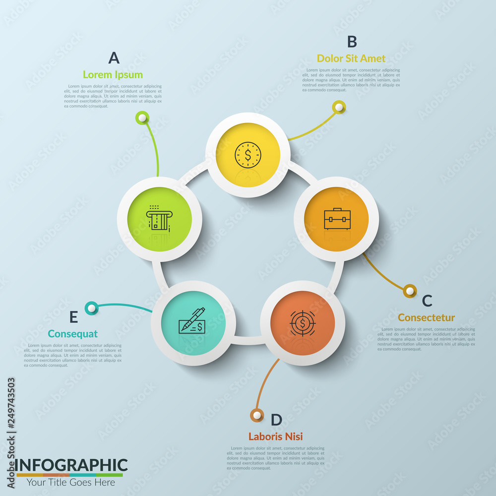 Ring-like diagram with 5 bright round elements connected into circle, thin line icons and text boxes. Five steps of closed production cycle. Creative infographic design template. Vector illustration.