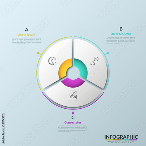 Circular diagram divided into 3 sectors with thin line symbols inside and text boxes. Three options of personal financial planning concept. Futuristic infographic design template. Vector illustration.