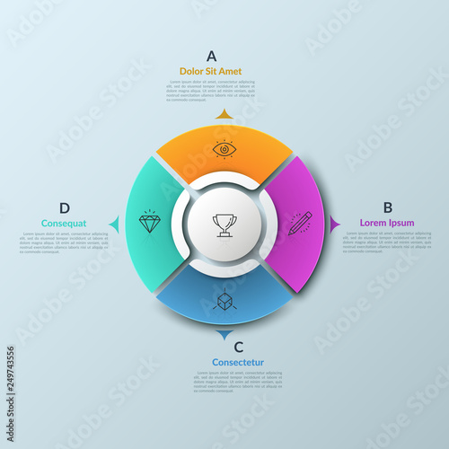 Pie chart divided into 4 separate sectors and circular element in center, thin line pictograms and arrows pointing at text boxes. Round control panel. Infographic design template. Vector illustration.