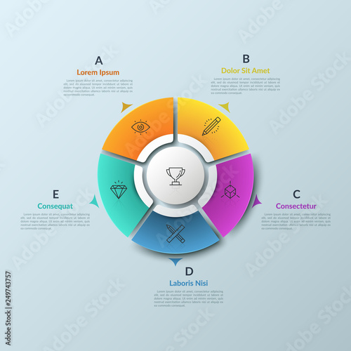 Round diagram divided into 5 colorful pieces and circular element in center, thin line icons and arrows pointing at text boxes. Web navigation tool. Infographic design layout. Vector illustration.