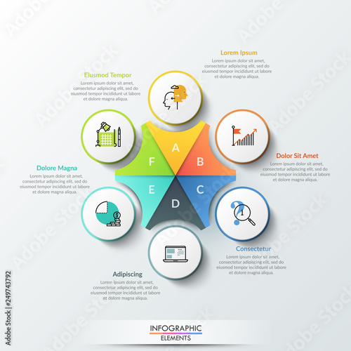 Six colorful circles with icons inside and text boxes placed around central hexagonal element divided into sectors. Modern infographic design template. Creative vector illustration for presentation.