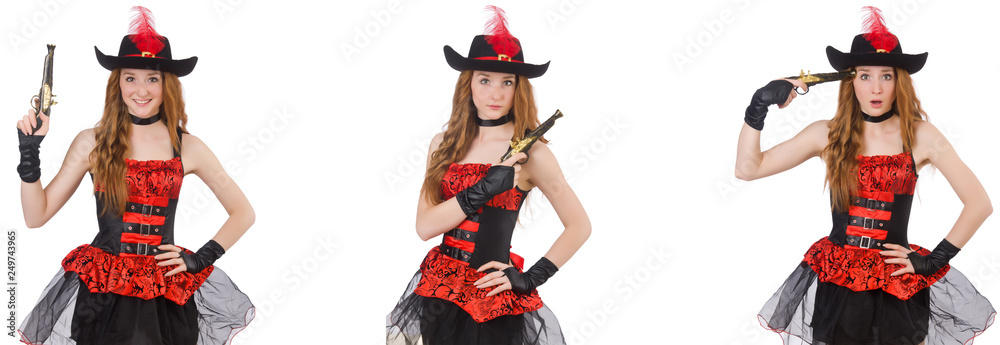 Woman pirate with gun isolated on white