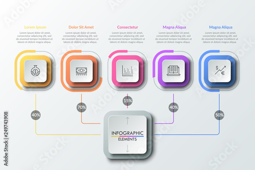 Five paper white square elements connected with main one by lines with percent indication. Percentage distribution. Workflow diagram template. Vector illustration for statistical report, presentation.