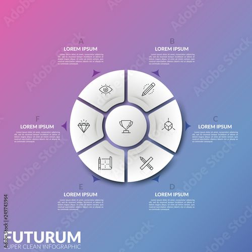 Pie chart divided into 6 parts and round element in center with thin line symbols and arrows pointing at text boxes. Concept of remote control button. Infographic design layout. Vector illustration.