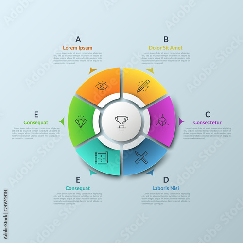 Circular chart divided into 6 bright colored parts and white round central element, thin line symbols and arrows pointing at text boxes. Creative infographic design template. Vector illustration.