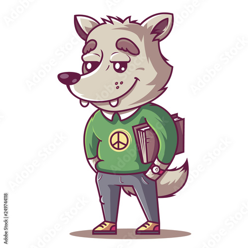 peaceful wolf student holding a book. Cute animal character on white background. vector illustration