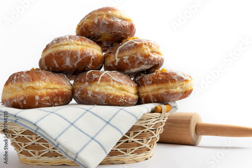 Valokuvatapetti Tasty doughnuts with jam on white background