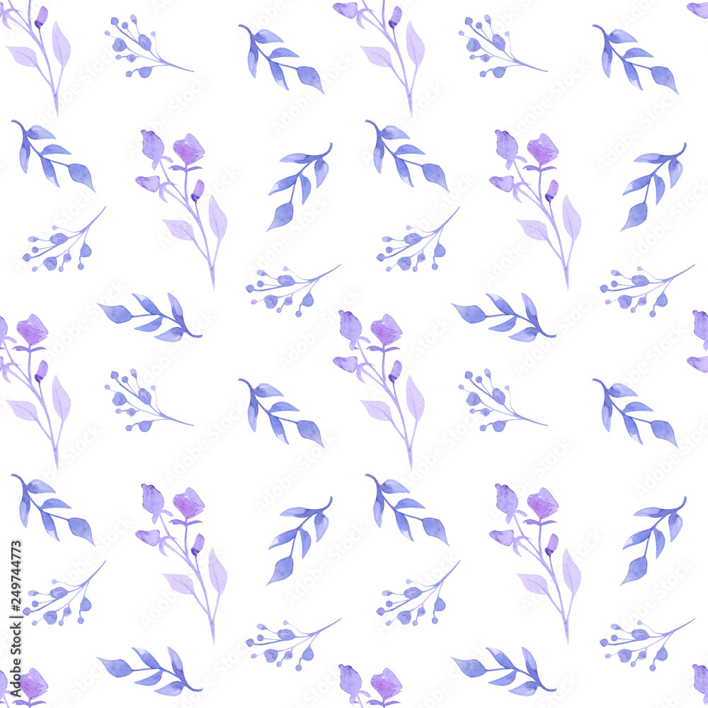Watercolor pattern with watercolor sprigs, leaves and flowers on a white background. Well suited for printing on fabrics. Colors are gray and blue.