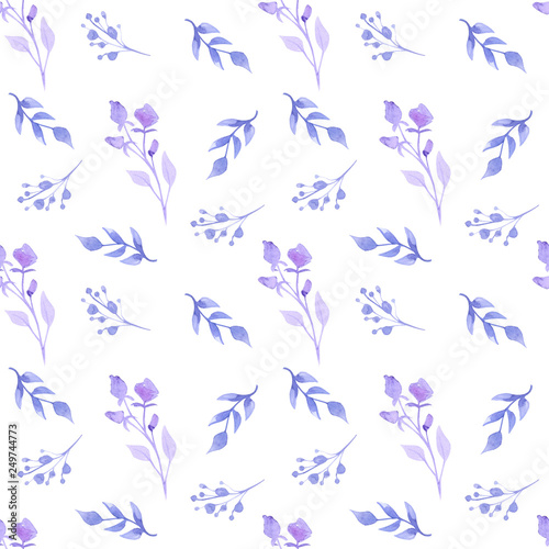 Watercolor pattern with watercolor sprigs, leaves and flowers on a white background. Well suited for printing on fabrics. Colors are gray and blue.