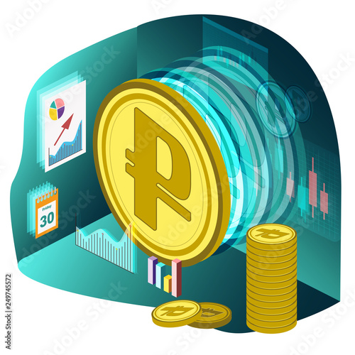 Ruble and Growth Charts, japanese candles. Isometric. Stock Vector Illustration. Transparence. White Isolated.