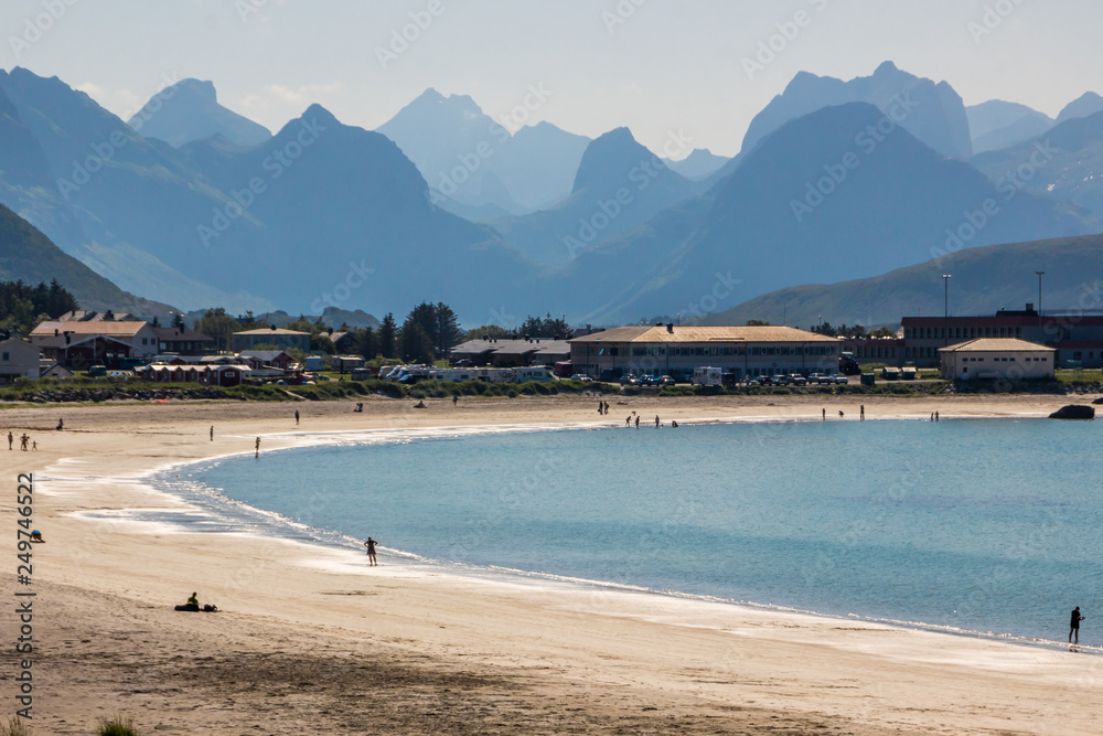 Ramberg beach and mountains on Flakstadoya island in Lofoten in Norway Ramberg beach and mountains on Flakstadoya island in Lofoten in Norway