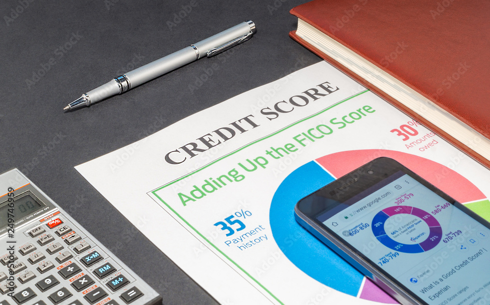 Credit score on a desk and calculator. Credit score on a desk and calculator.