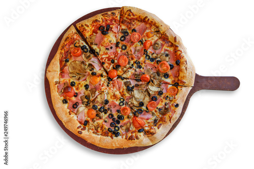 Top view of a traditional italian pizza with: ham, mushrooms, cherry tomatoes, mozzarella, black olives on a wooden board and isolated on a white background ( high details).