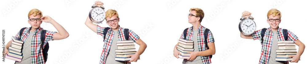 Young boy with alarm-clock in time management concept Young boy with alarm-clock in time management concept