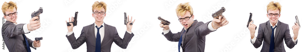 Young man with handgun isolated on white Young man with handgun isolated on white