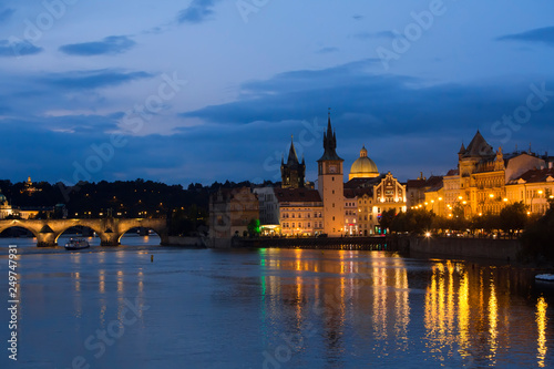 Beautiful Cityscape of Prague at night with Charles Bridge(Karluv Most) over Vltava river