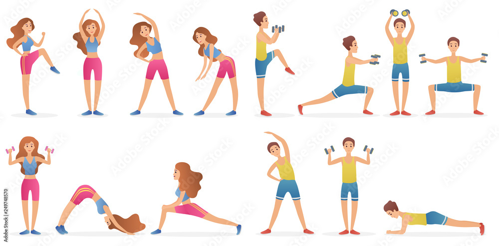 Young man and woman different gymnastic poses and yoga asana set isolated on white background. Healthy lifestyle sport cartoon vector illustration.