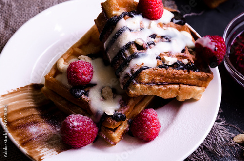 Viennese waffles with chocolate and cream topping