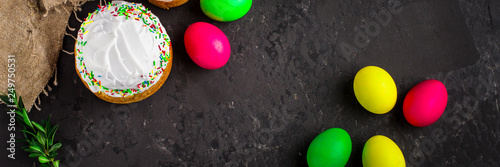 easter cake and easter eggs, traditional holiday design (happy easter!). top view. food background